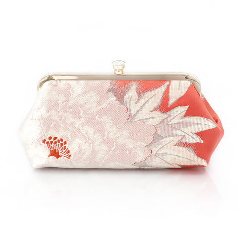 Japanese Kimono Peony Clutch Purse in Silver and Peach | Upcycled from vintage Japanese Obi - Heritage ReFashioned