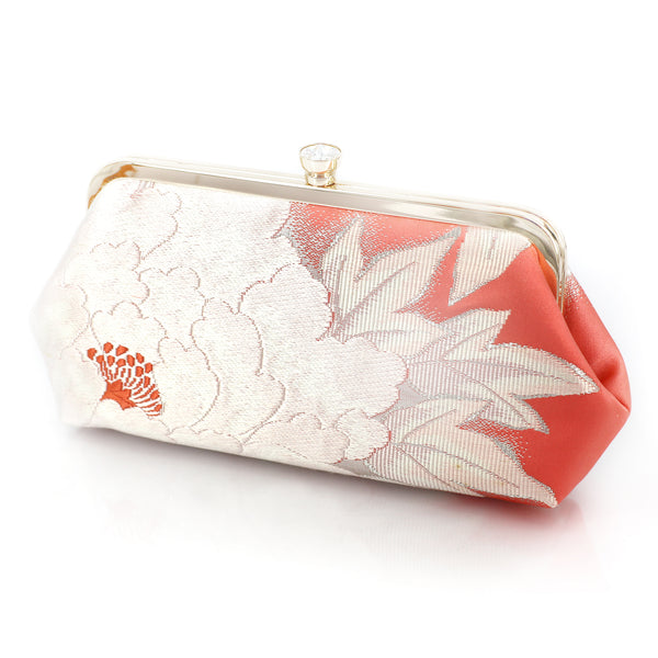 Japanese Kimono Peony Clutch Purse in Silver and Peach | Upcycled from vintage Japanese Obi - Heritage ReFashioned