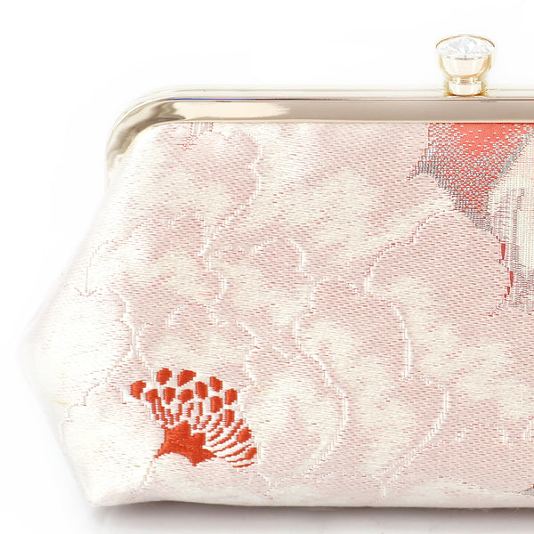 Japanese Kimono Peony Clutch Purse in Silver and Peach | Upcycled from vintage Japanese Obi - Heritage ReFashioned
