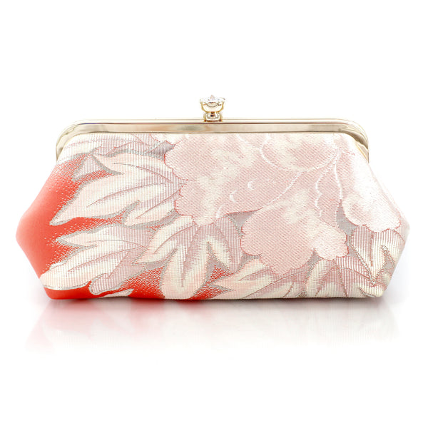 Japanese Kimono Peony Clutch Purse in Silver and Peach | Upcycled from vintage Japanese Obi - Heritage ReFashioned