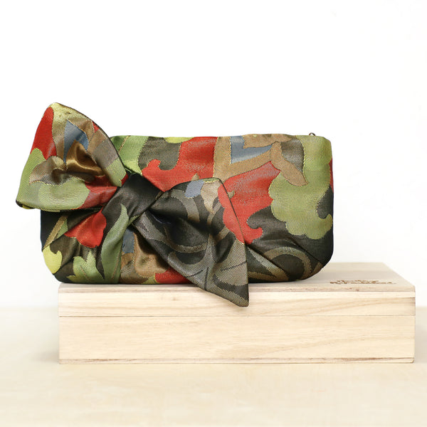 Kimono Obi Bow Clutch Bag | Abstract Camellia | Upcycled from vintage Japanese Silk - Heritage ReFashioned
