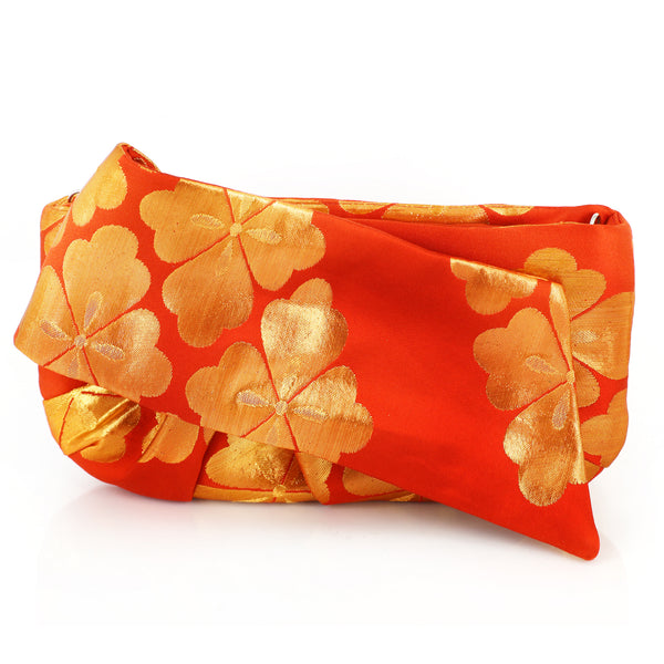 Kimono Obi Bow Clutch Bag | Chrysanthemum Gold and Orange | Upcycled from vintage Japanese Silk - Heritage ReFashioned