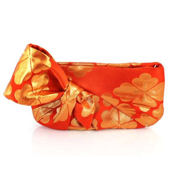 Kimono Obi Bow Clutch Bag | Chrysanthemum Gold and Orange | Upcycled from vintage Japanese Silk - Heritage ReFashioned