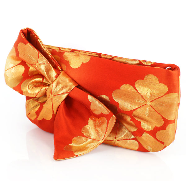 Kimono Obi Bow Clutch Bag | Chrysanthemum Gold and Orange | Upcycled from vintage Japanese Silk - Heritage ReFashioned