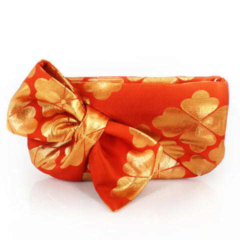 Kimono Obi Bow Clutch Bag | Chrysanthemum Gold and Orange | Upcycled from vintage Japanese Silk - Heritage ReFashioned