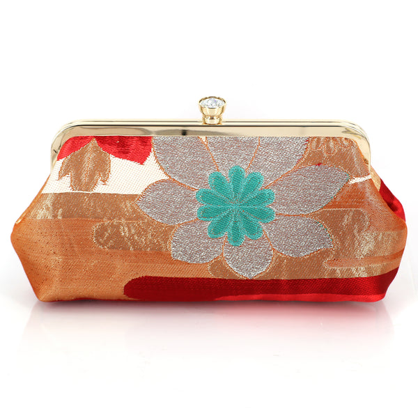 [LAST ONE] Camellia Clutch Purse in Fuchsia, Gold and Turquoise | Upcycled from vintage Japanese Kimono Obi - Heritage ReFashioned