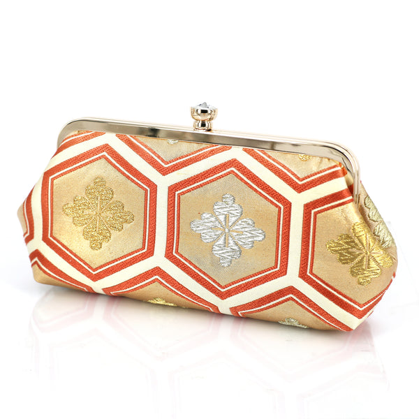 Kikko Hexagon Clutch Purse in Gold and Peach| Upcycled from vintage Japanese Obi - Heritage ReFashioned