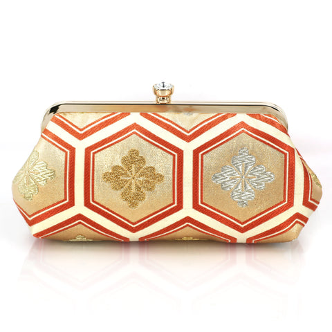 Kikko Hexagon Clutch Purse in Gold and Peach| Upcycled from vintage Japanese Obi - Heritage ReFashioned