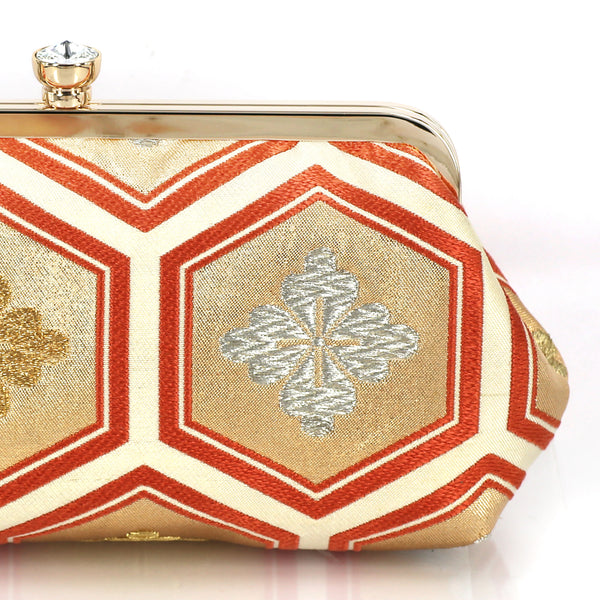 Kikko Hexagon Clutch Purse in Gold and Peach| Upcycled from vintage Japanese Obi - Heritage ReFashioned