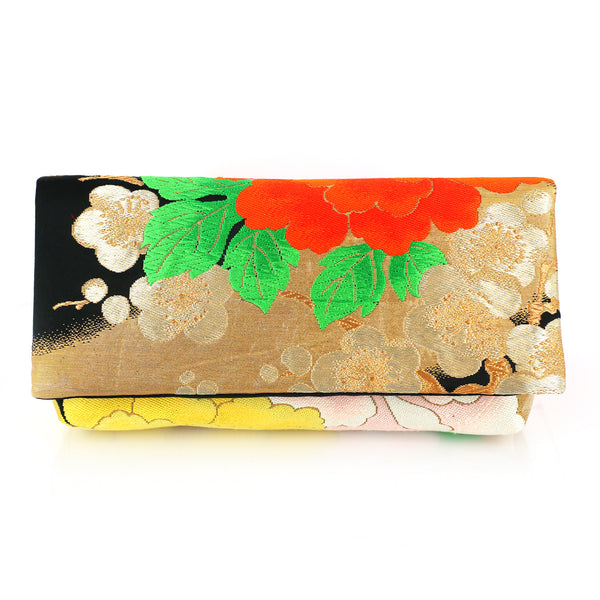 Kimono Envelope Clutch with Peonies and Plum Blossoms | Upcycled Japanese Obi Silk - Heritage ReFashioned