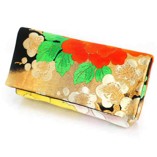 Kimono Envelope Clutch with Peonies and Plum Blossoms | Upcycled Japanese Obi Silk - Heritage ReFashioned