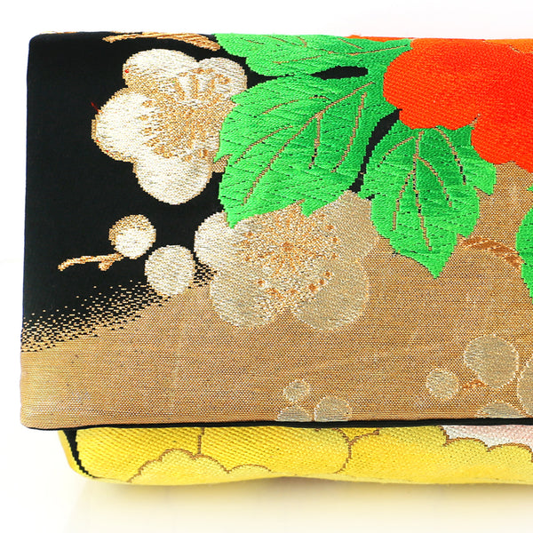 Kimono Envelope Clutch with Peonies and Plum Blossoms | Upcycled Japanese Obi Silk - Heritage ReFashioned
