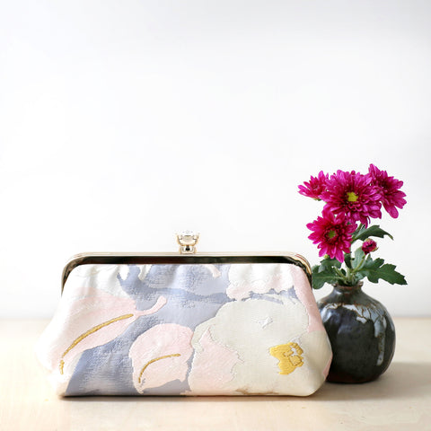[LAST ONE] Camellia Clutch in Pastel Pink Lilac and Gold | Upcycled from vintage Japanese Obi - Heritage ReFashioned