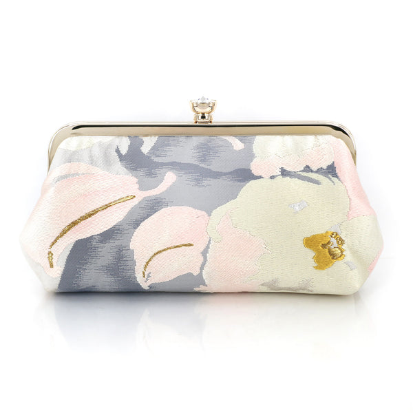 [LAST ONE] Camellia Clutch in Pastel Pink Lilac and Gold | Upcycled from vintage Japanese Obi - Heritage ReFashioned