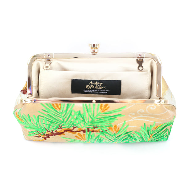 Kimono Pine Tree Clutch Purse in Green Gold Silver | Upcycled from vintage Japanese Obi - Heritage ReFashioned