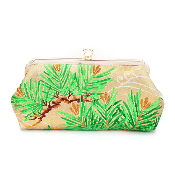 Kimono Pine Tree Clutch Purse in Green Gold Silver | Upcycled from vintage Japanese Obi - Heritage ReFashioned