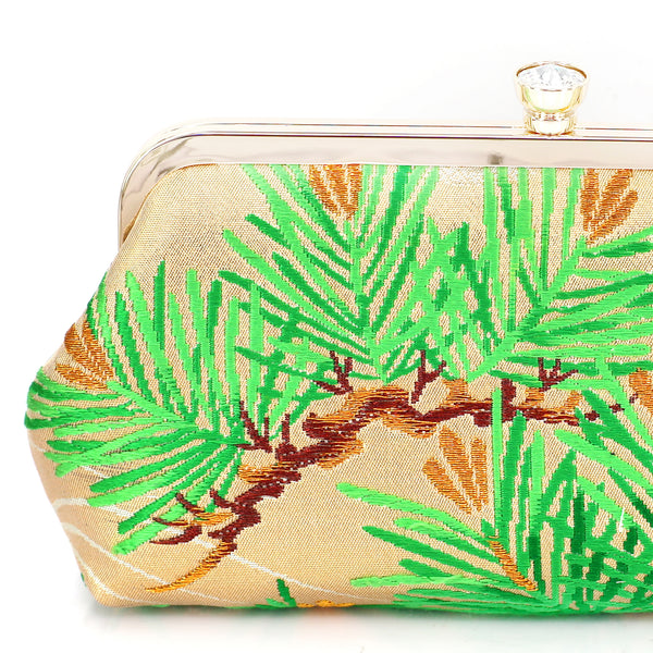 Kimono Pine Tree Clutch Purse in Green Gold Silver | Upcycled from vintage Japanese Obi - Heritage ReFashioned