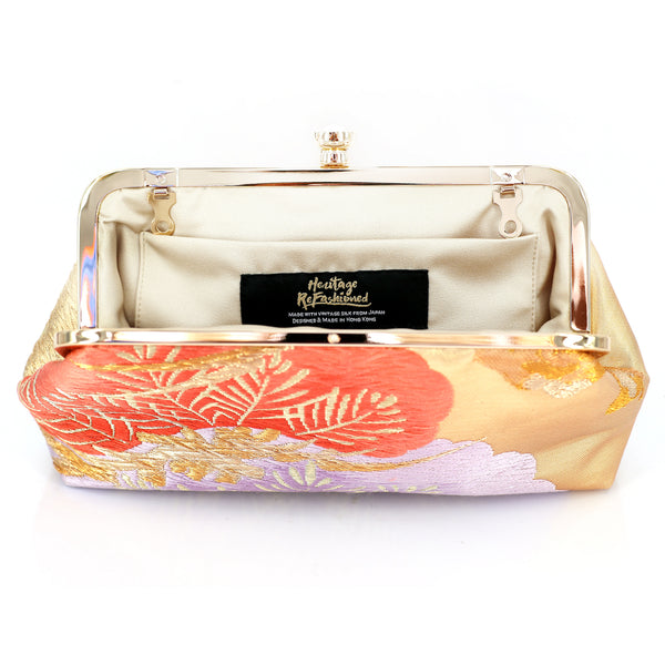 Kimono Pine Tree Clutch Purse in Coral and Purple | Upcycled from vintage Japanese Obi - Heritage ReFashioned