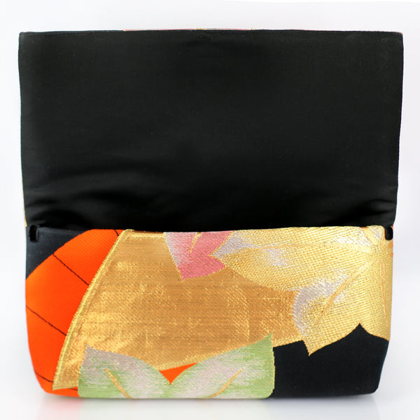 Envelope Clutch with Red Japanese Maple Leaves and Hand Fan | Upcycled Kimono Silk - Heritage ReFashioned
