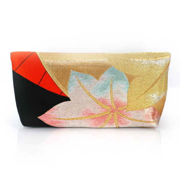 Envelope Clutch with Red Japanese Maple Leaves and Hand Fan | Upcycled Kimono Silk - Heritage ReFashioned