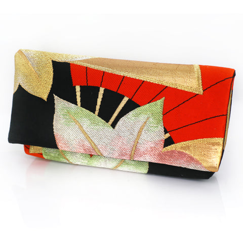 Envelope Clutch with Red Japanese Maple Leaves and Hand Fan | Upcycled Kimono Silk - Heritage ReFashioned