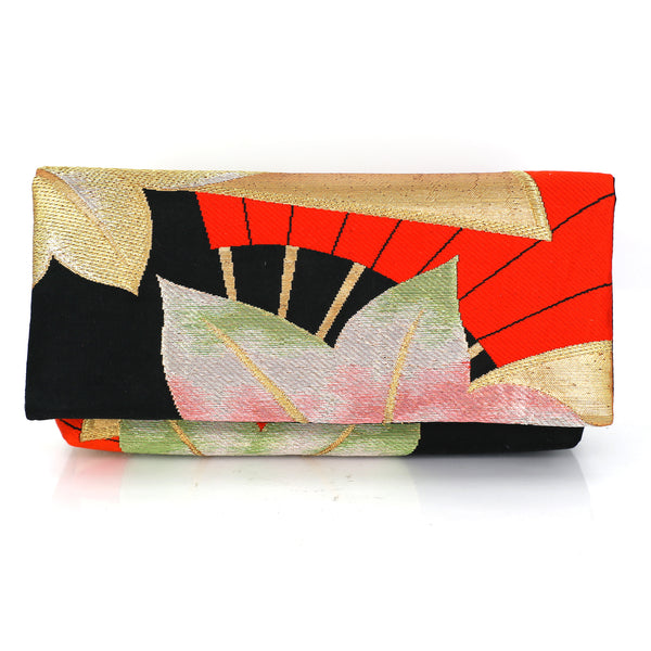 Envelope Clutch with Red Japanese Maple Leaves and Hand Fan | Upcycled Kimono Silk - Heritage ReFashioned