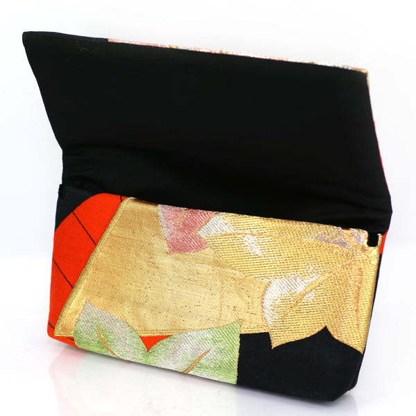 Envelope Clutch with Red Japanese Maple Leaves and Hand Fan | Upcycled Kimono Silk - Heritage ReFashioned