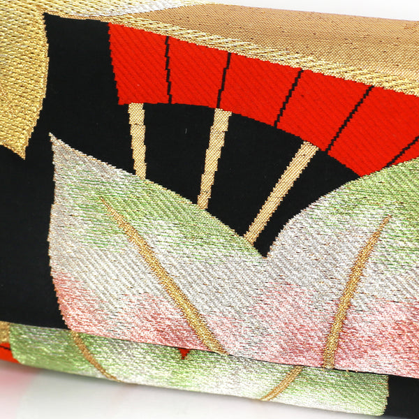 Envelope Clutch with Red Japanese Maple Leaves and Hand Fan | Upcycled Kimono Silk - Heritage ReFashioned