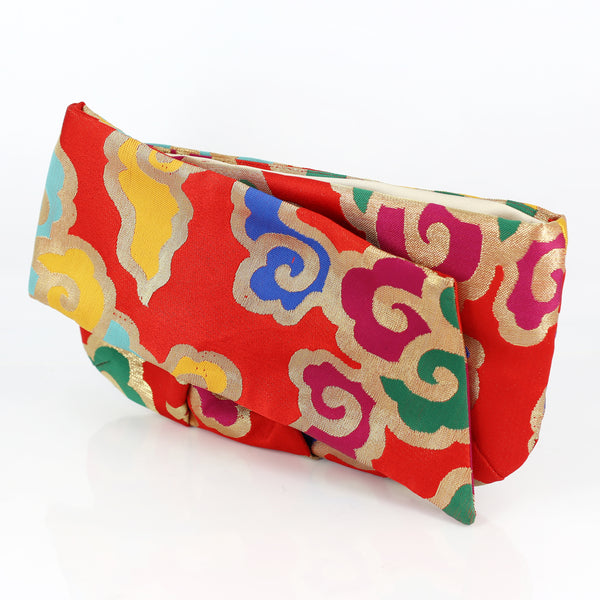 Kimono Obi Bow Clutch Bag | Clouds on Red | Upcycled from vintage Japanese Silk - Heritage ReFashioned