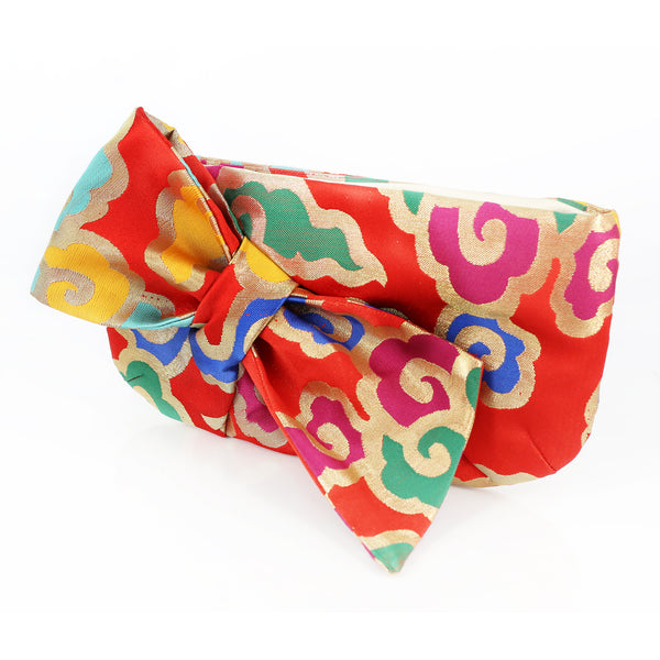 Kimono Obi Bow Clutch Bag | Clouds on Red | Upcycled from vintage Japanese Silk - Heritage ReFashioned