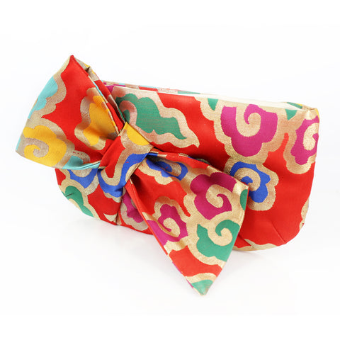 Kimono Obi Bow Clutch Bag | Clouds on Red | Upcycled from vintage Japanese Silk - Heritage ReFashioned