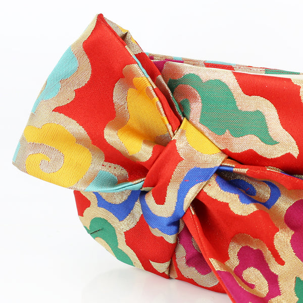 Kimono Obi Bow Clutch Bag | Clouds on Red | Upcycled from vintage Japanese Silk - Heritage ReFashioned