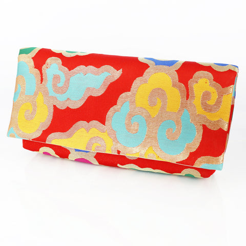 Japanese Kimono Envelope Clutch with Clouds on Red | Upcycled from vintage Japanese Obi - Heritage ReFashioned