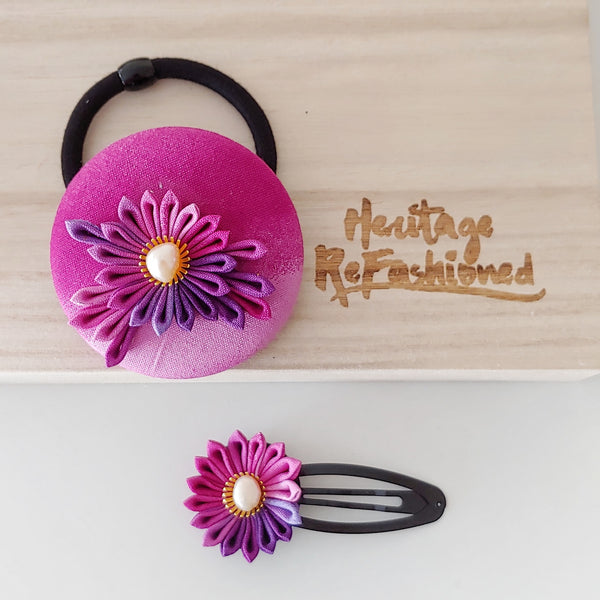 Kimono Silk Flower Hair Tie | Chrysanthemum purple & pinks - Heritage ReFashioned