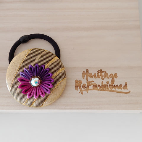 Kimono Silk Flower Hair Tie | Chrysanthemum purple & gold - Heritage ReFashioned