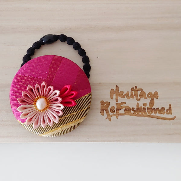 Kimono Silk Flower Hair Tie | Chrysanthemum pink & gold - Heritage ReFashioned