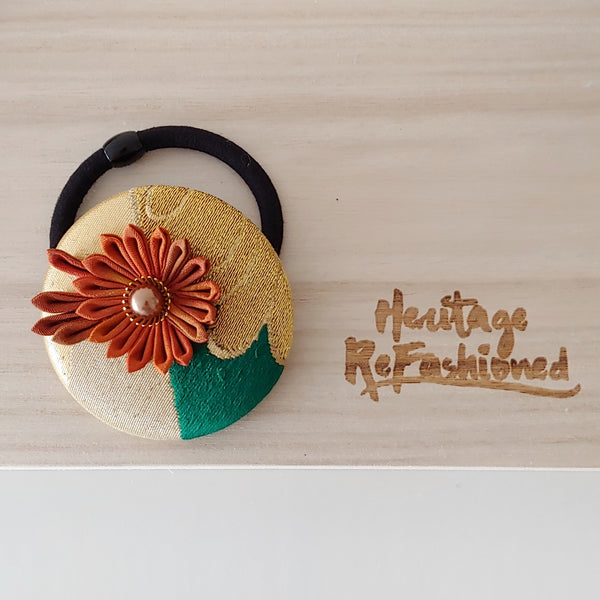 Kimono Silk Flower Hair Tie | Chrysanthemum gold - Heritage ReFashioned