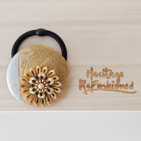 Kimono Silk Flower Hair Tie | Chrysanthemum gold - Heritage ReFashioned