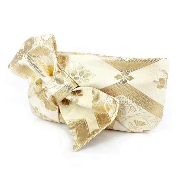 Kimono Obi Bow Clutch Bag | Gold spring | Upcycled from vintage Japanese Silk - Heritage ReFashioned
