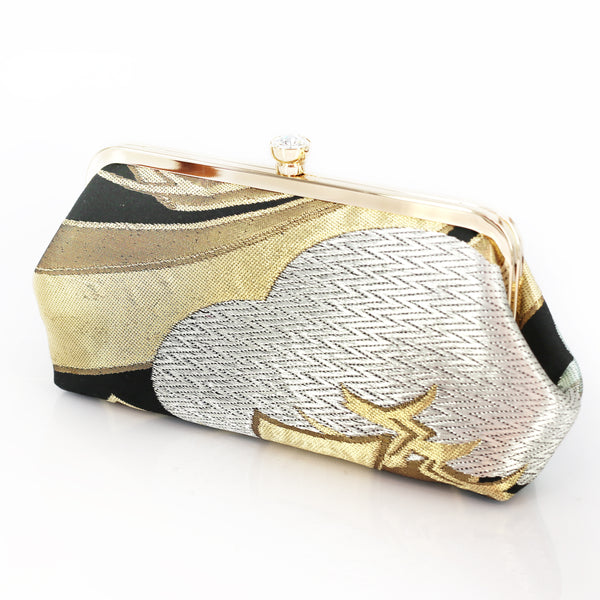 [LAST ONE] Kimono Pine Tree Crystal Clutch in Red Gold and Metallic Blue | Upcycled from vintage Japanese Obi - Heritage ReFashioned