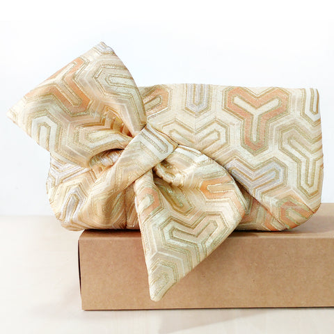 Kimono Obi Bow Clutch Bag | Abstract Bishamon Gold | Upcycled from vintage Japanese Silk - Heritage ReFashioned