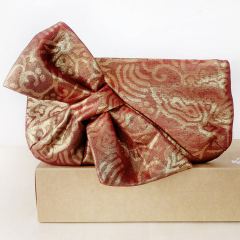 Kimono Obi Bow Clutch Bag | Abstract Floral Shimmery Gold on Brown | Upcycled from vintage Japanese Silk - Heritage ReFashioned