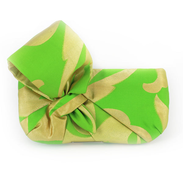 Kimono Obi Bow Clutch | Floral In Gold & Green | Upcycled from vintage Japanese Silk - Heritage ReFashioned