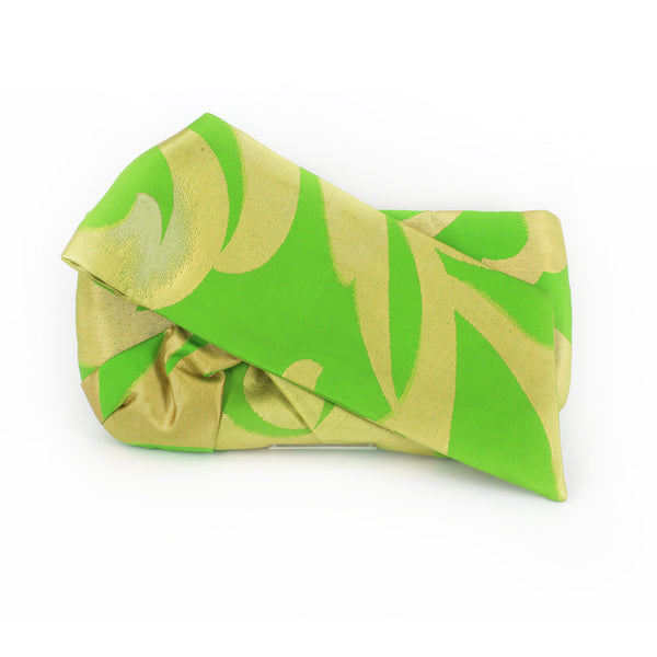 Kimono Obi Bow Clutch | Floral In Gold & Green | Upcycled from vintage Japanese Silk - Heritage ReFashioned