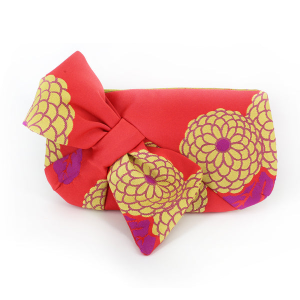 Kimono Obi Bow Clutch | Kiku Chrysanthemum in yellow on red | Upcycled from Japanese Yukata Obi - Heritage ReFashioned