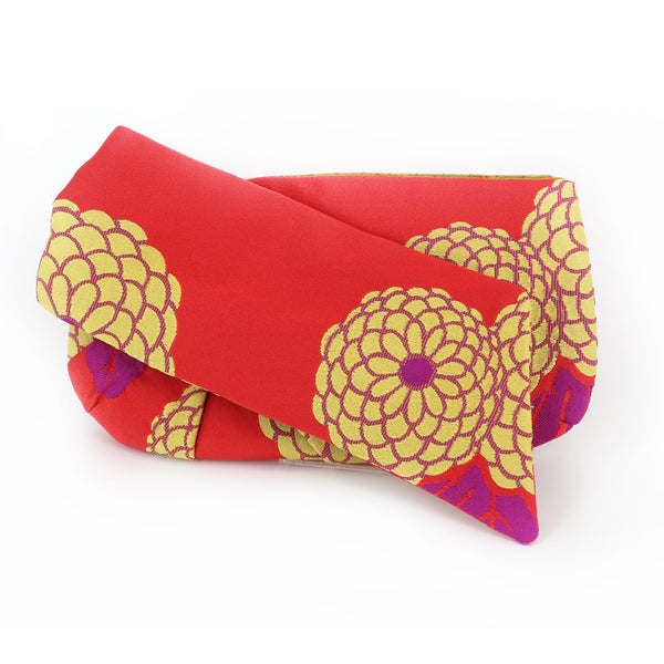 Kimono Obi Bow Clutch | Kiku Chrysanthemum in yellow on red | Upcycled from Japanese Yukata Obi - Heritage ReFashioned