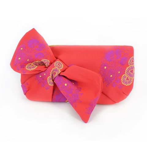 Kimono Obi Bow Clutch | Floral on Red | Upcycled from vintage Japanese Yukata Obi - Heritage ReFashioned