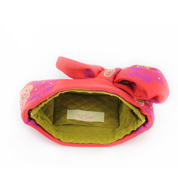 Kimono Obi Bow Clutch | Floral on Red | Upcycled from vintage Japanese Yukata Obi - Heritage ReFashioned