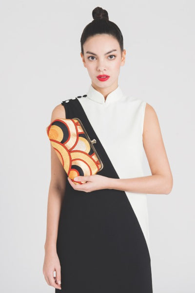 Golden & Black Seigaihai Waves Clutch Bag | Upcycled from vintage Japanese Obi - Heritage ReFashioned