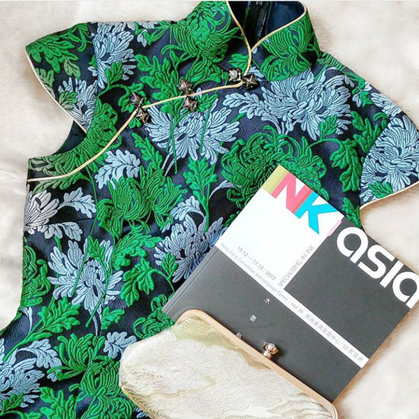 Ocean Kimono Clutch Purse in Moss Green and Gold | Upcycled from vintage Japanese Obi - Heritage ReFashioned